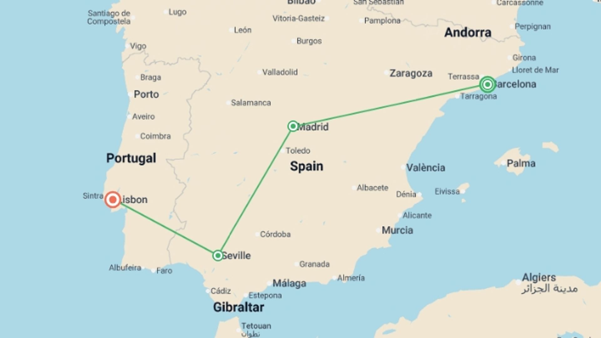 A map showing the tour itinerary for the trip: Great Iberian Cities, starting in Barcelona, Spain and ending in Lisbon, Portugal going through 3 other destinations.