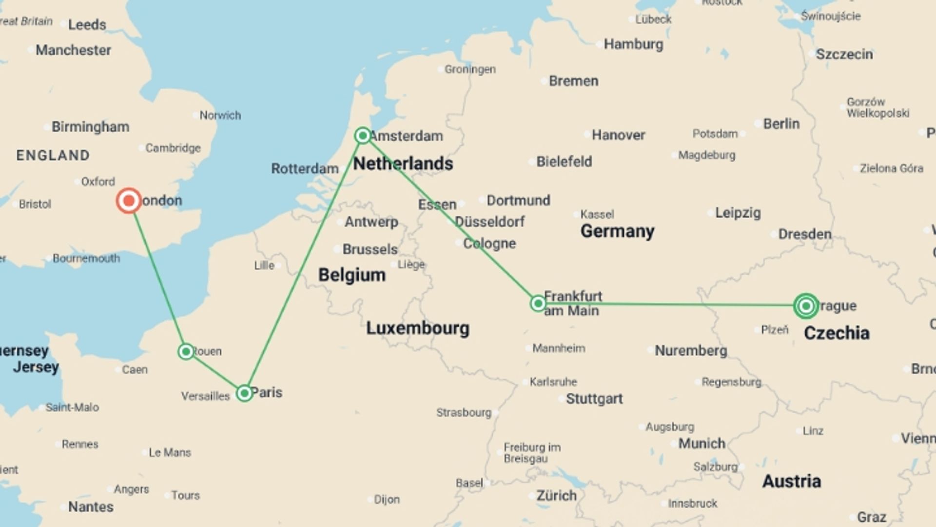 A map showing the tour itinerary for the trip: Nostalgic Melody GO, starting in Prague, Czech Republic and ending in London, England going through 4 other destinations.