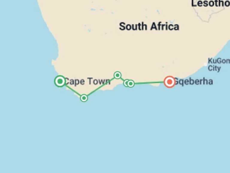 Map itinerary of Africa Tour in March 2027 with 8 destination visits for the trip: The Garden Route - 8 days
