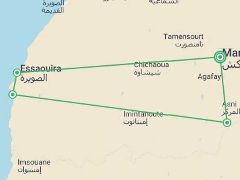 Map itinerary of Morocco Tour in July 2026 with 4 destination visits for the trip: Family Marrakech, Atlas & Essaouira Adventure