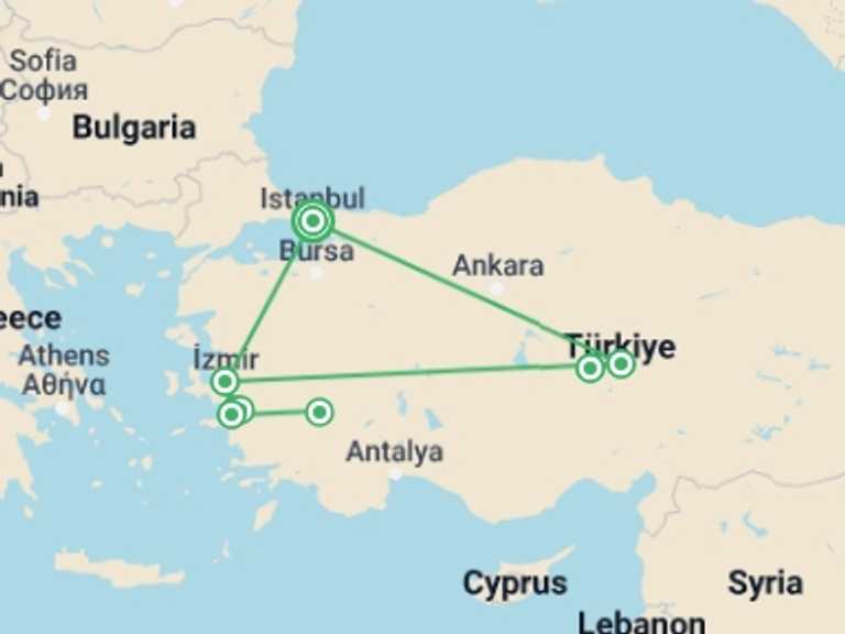 Map of Europe Tour with 4 destination visits for the trip: Wonderful Turkey With Cappadocia Tour