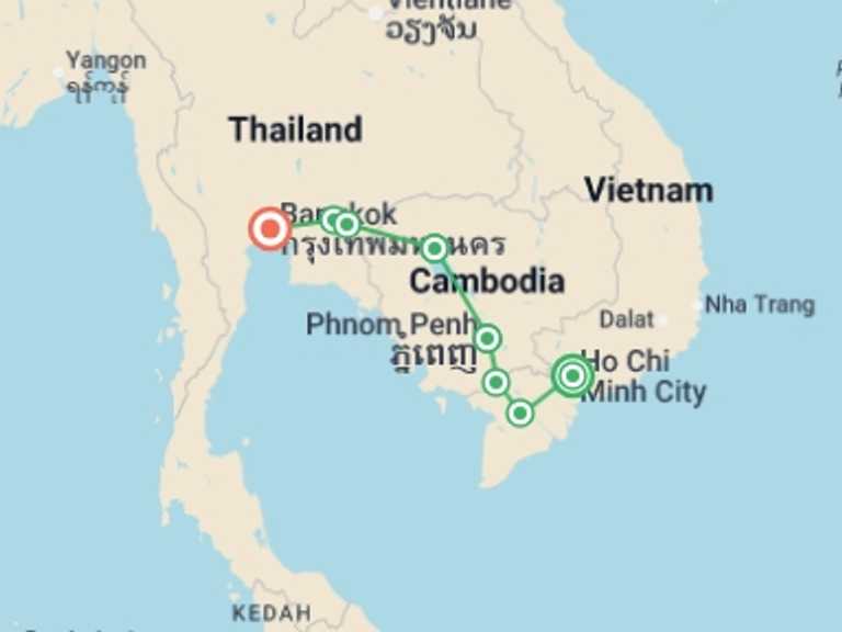 Map itinerary of Ho Chi Minh City Tour in February 2026 with 8 destination visits for the trip: Cycle Vietnam, Cambodia & Thailand