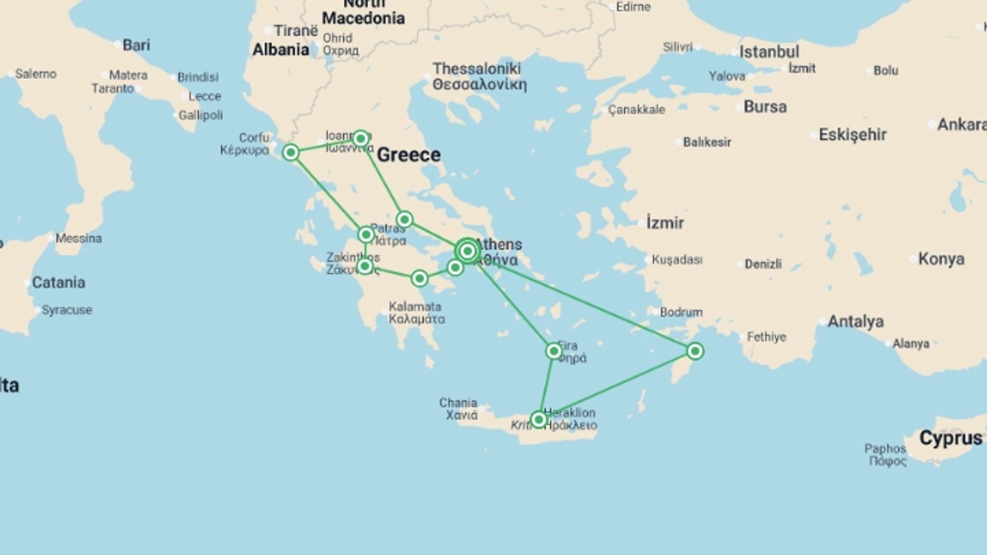 A map showing the tour itinerary for the trip: Athens, Peloponnese, Northern Greece and Greek Islands, starting in Athens, Greece and ending in Athens, Greece going through 6 other destinations.