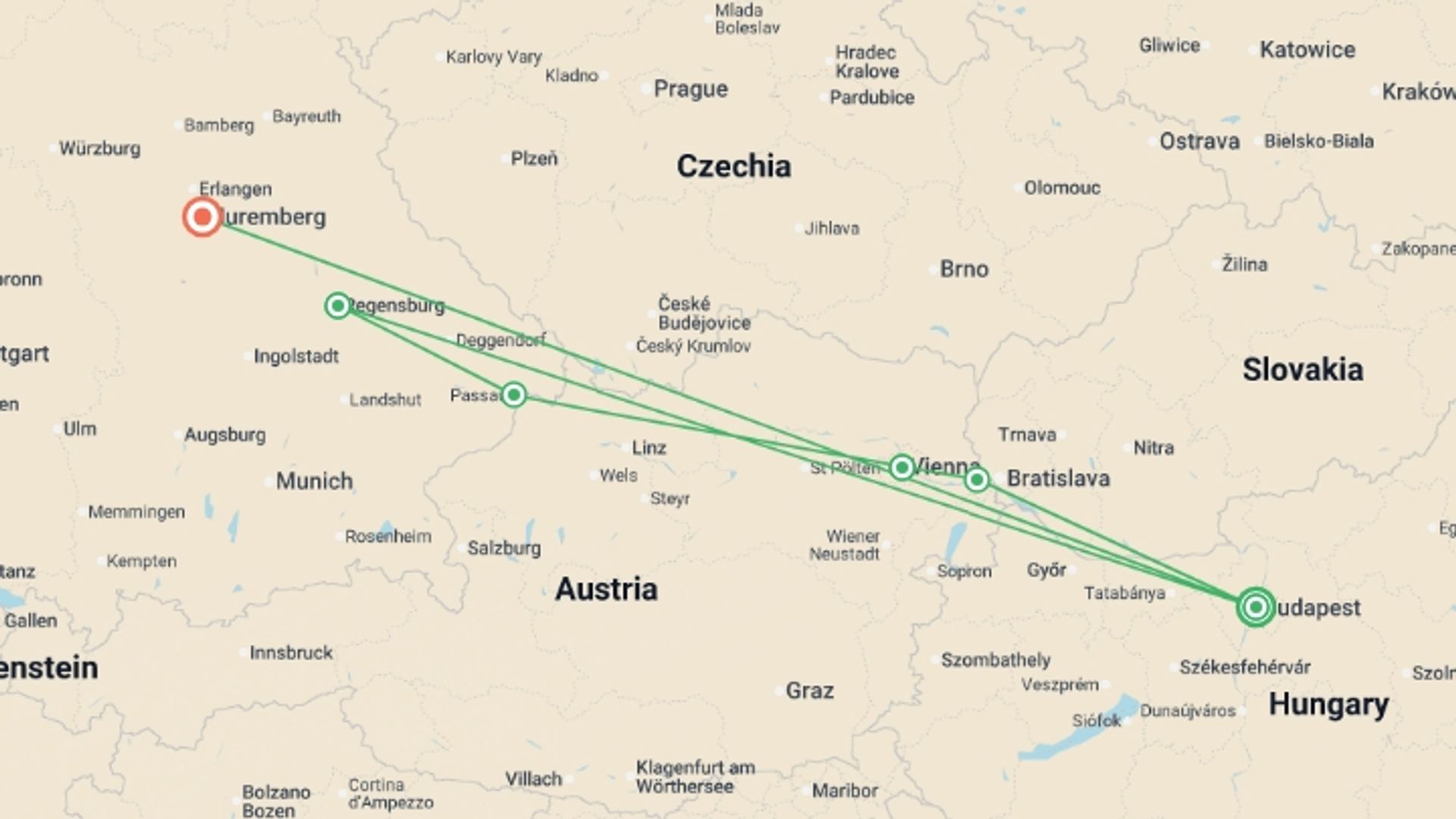A map showing the tour itinerary for the trip: Delightful Danube (2027), starting in Budapest, Hungary and ending in Nuremberg, Germany going through 4 other destinations.