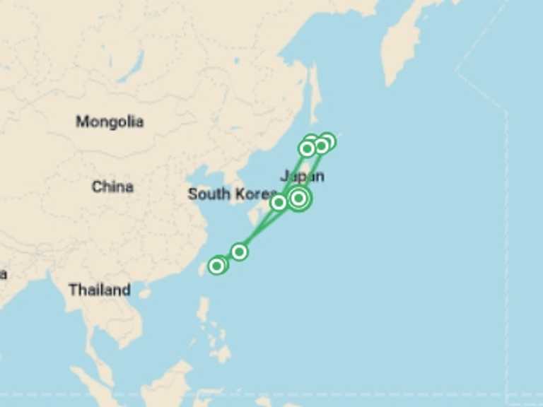 Map itinerary of Asia Tour in Summer with 9 destination visits for the trip: Active Japan: Hokkaido Highlights & Okinawa Island Hopping