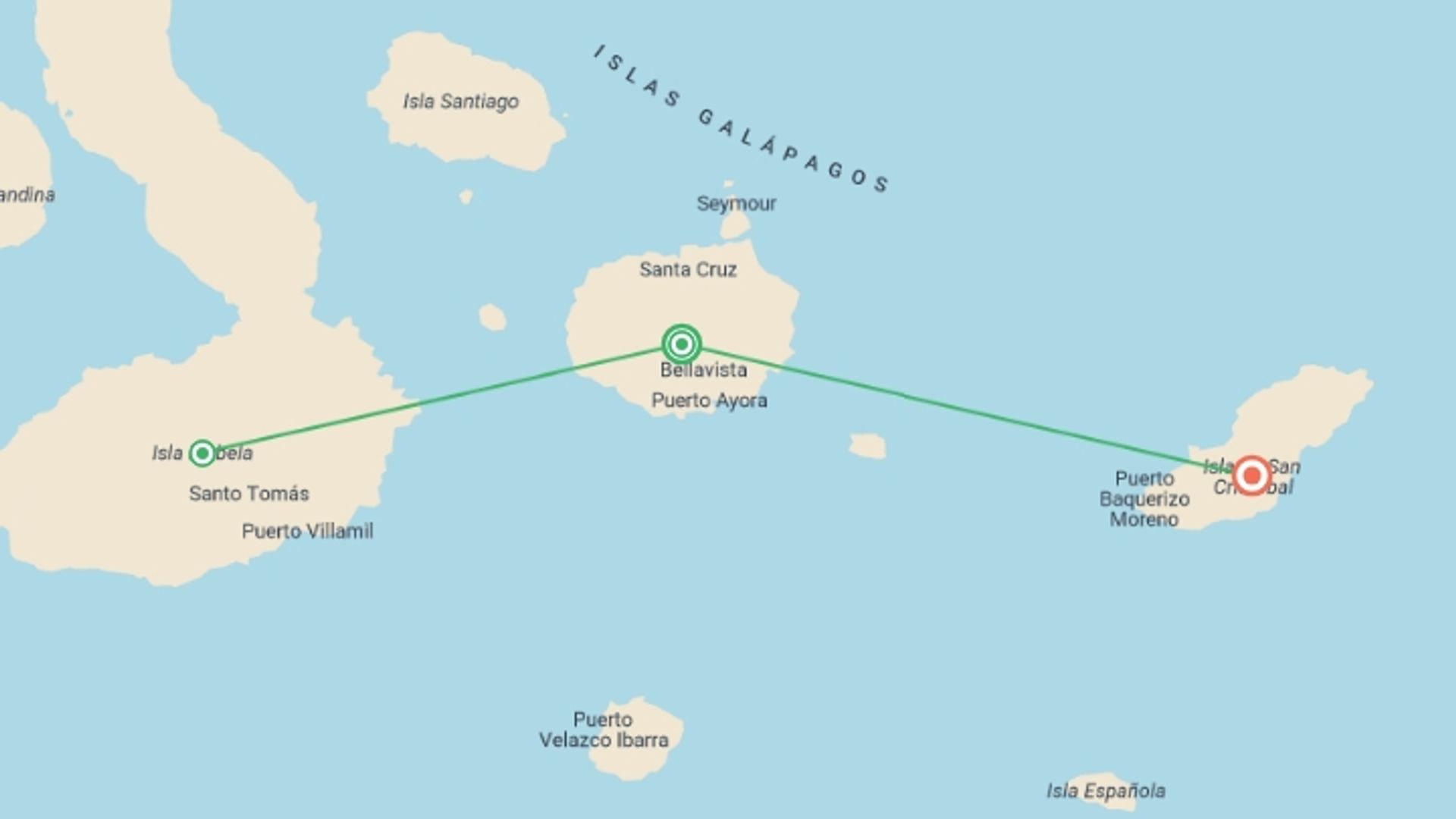 A map showing the tour itinerary for the trip: Galápagos Express Adventure: Wilderness & Wildlife, starting in Isla Santa Cruz, Ecuador and ending in San Cristobal Island, Ecuador going through 3 other destinations.