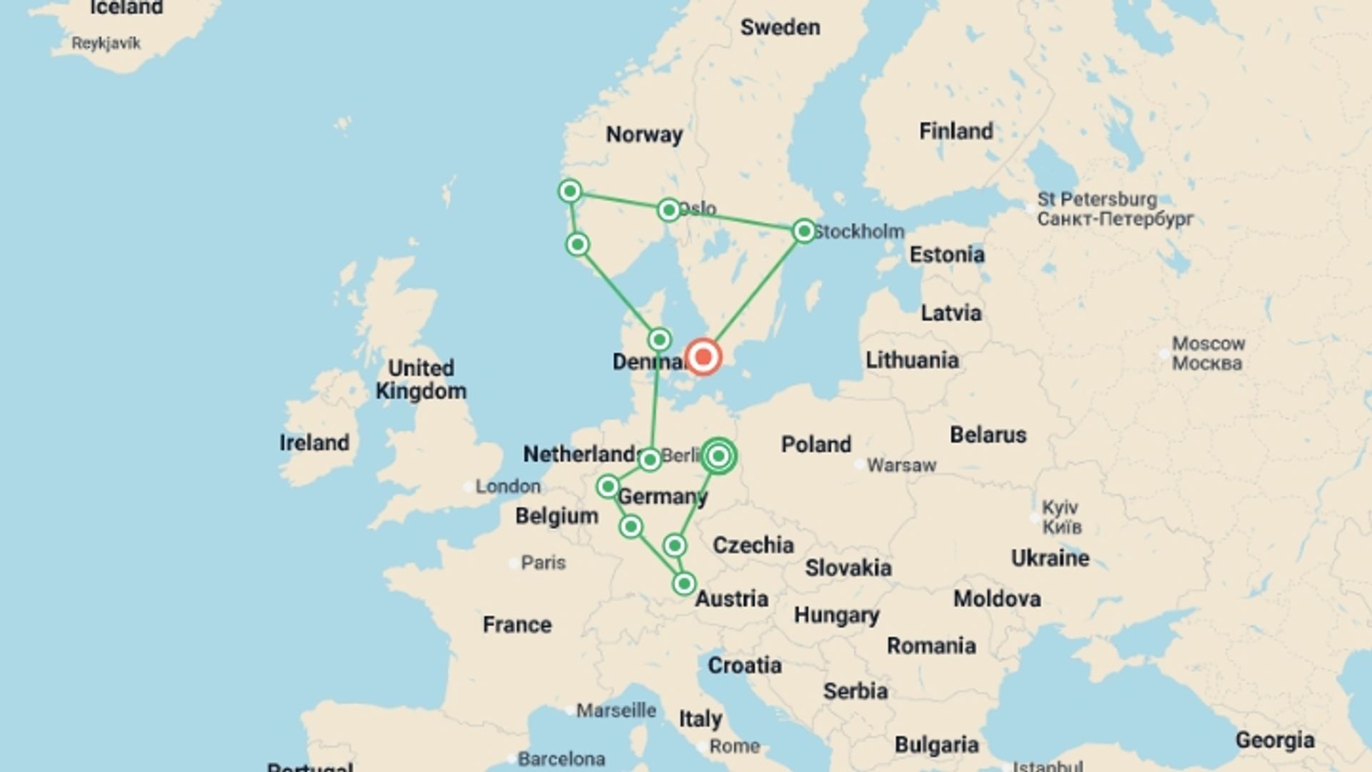 A map showing the tour itinerary for the trip: Germany and Scandinavia end Copenhagen, starting in Berlin, Germany and ending in Copenhagen, Denmark going through 10 other destinations.