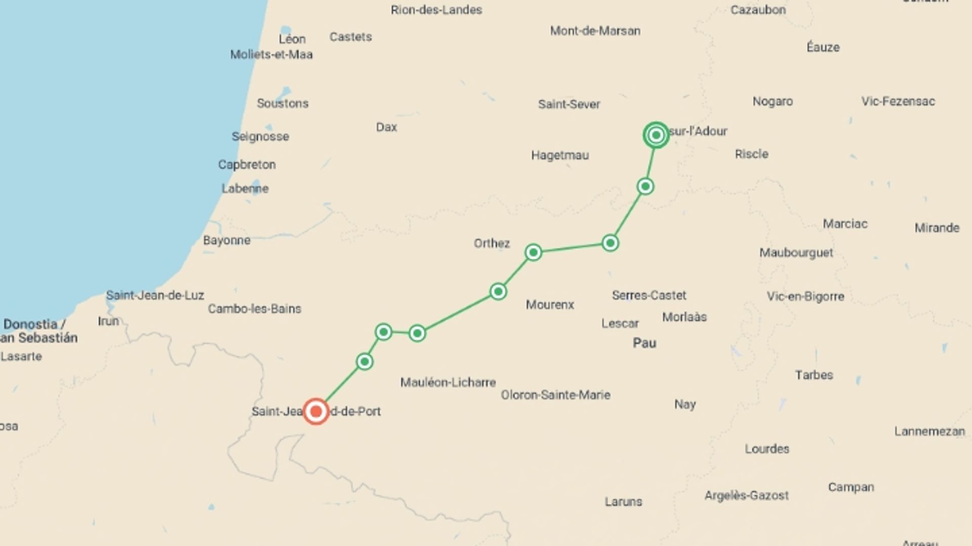 A map showing the tour itinerary for the trip: Le Puy Camino - Aire sur l'Adour to the Pyrenees, starting in Aire Sur L'adour, France and ending in Saint-Jean-Pied-de-Port, France going through 10 other destinations.