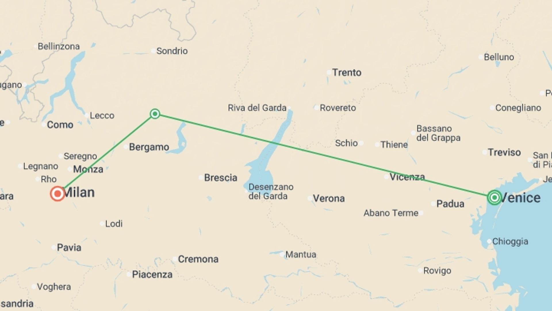 A map showing the tour itinerary for the trip: Venice, North Lakes & Milan - 8 days , starting in Venice, Italy and ending in Milan, Italy going through 1 other destinations.