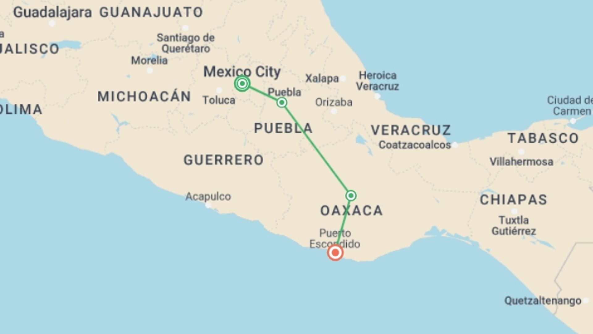 A map showing the tour itinerary for the trip: Central Mexico: Puerto Escondido, Mexico City & Epic Mountain Views, starting in Mexico City, Mexico and ending in Puerto Escondido, Mexico going through 2 other destinations.