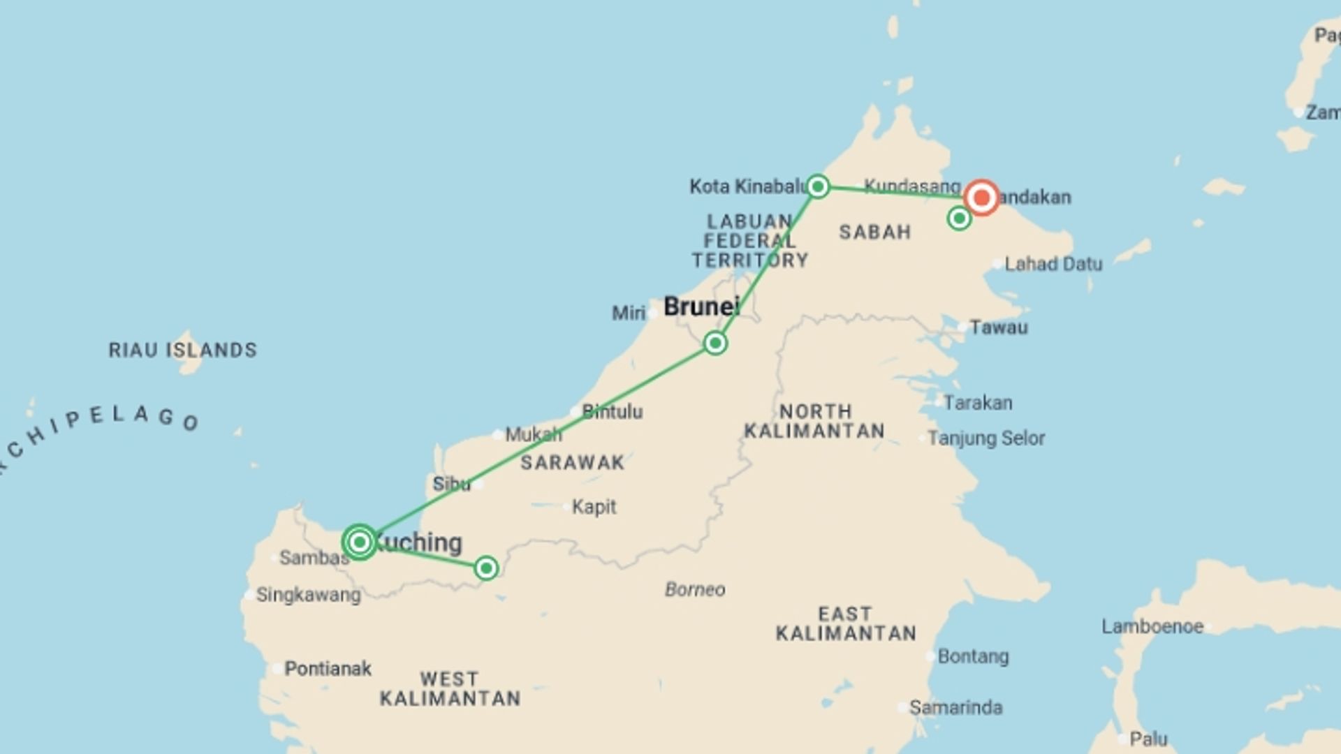 A map showing the tour itinerary for the trip: Premium Borneo in Depth, starting in Kuching, Malaysia and ending in Sandakan, Malaysia going through 4 other destinations.