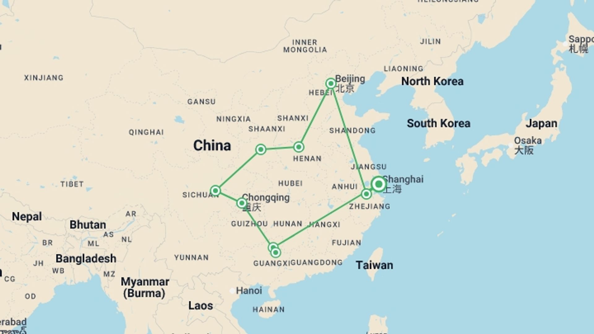 A map showing the tour itinerary for the trip: Essential China Adventure - 23 days, starting in Shanghai, China and ending in Shanghai, China going through 8 other destinations.