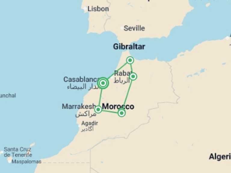 Map of 9-Day Marrakech Tour with 6 destination visits for the trip: Morocco Discovery from Casablanca - 9 days