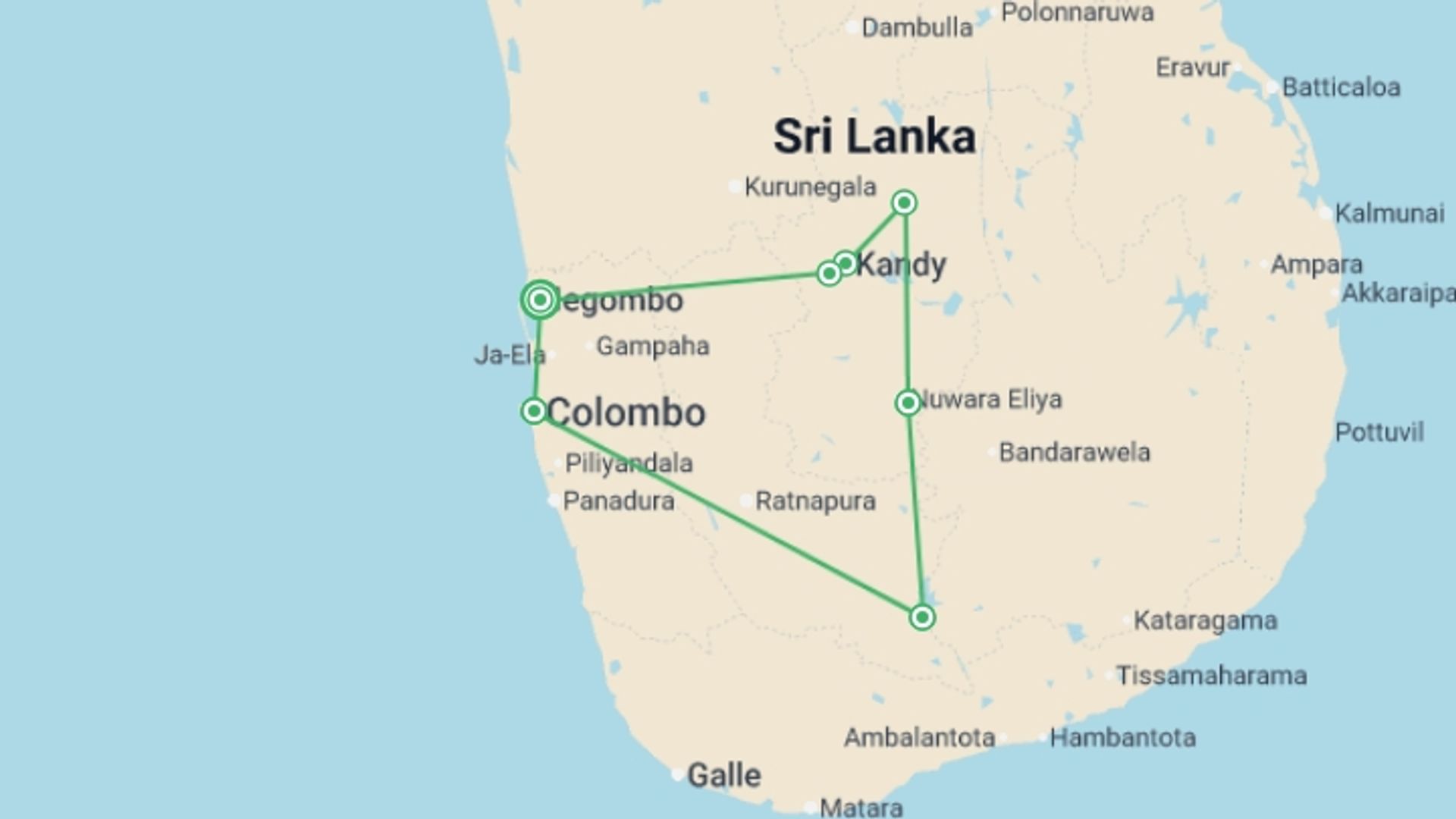 A map showing the tour itinerary for the trip: All In One Sri Lanka, Private Tour, starting in Negombo, Sri Lanka and ending in Negombo, Sri Lanka going through 5 other destinations.