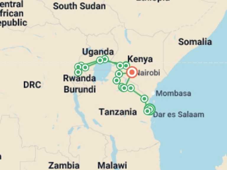 Map of Africa Wildlife safaris and game drives Tour with 19 destination visits for the trip: Beaches, Game Parks & Gorillas