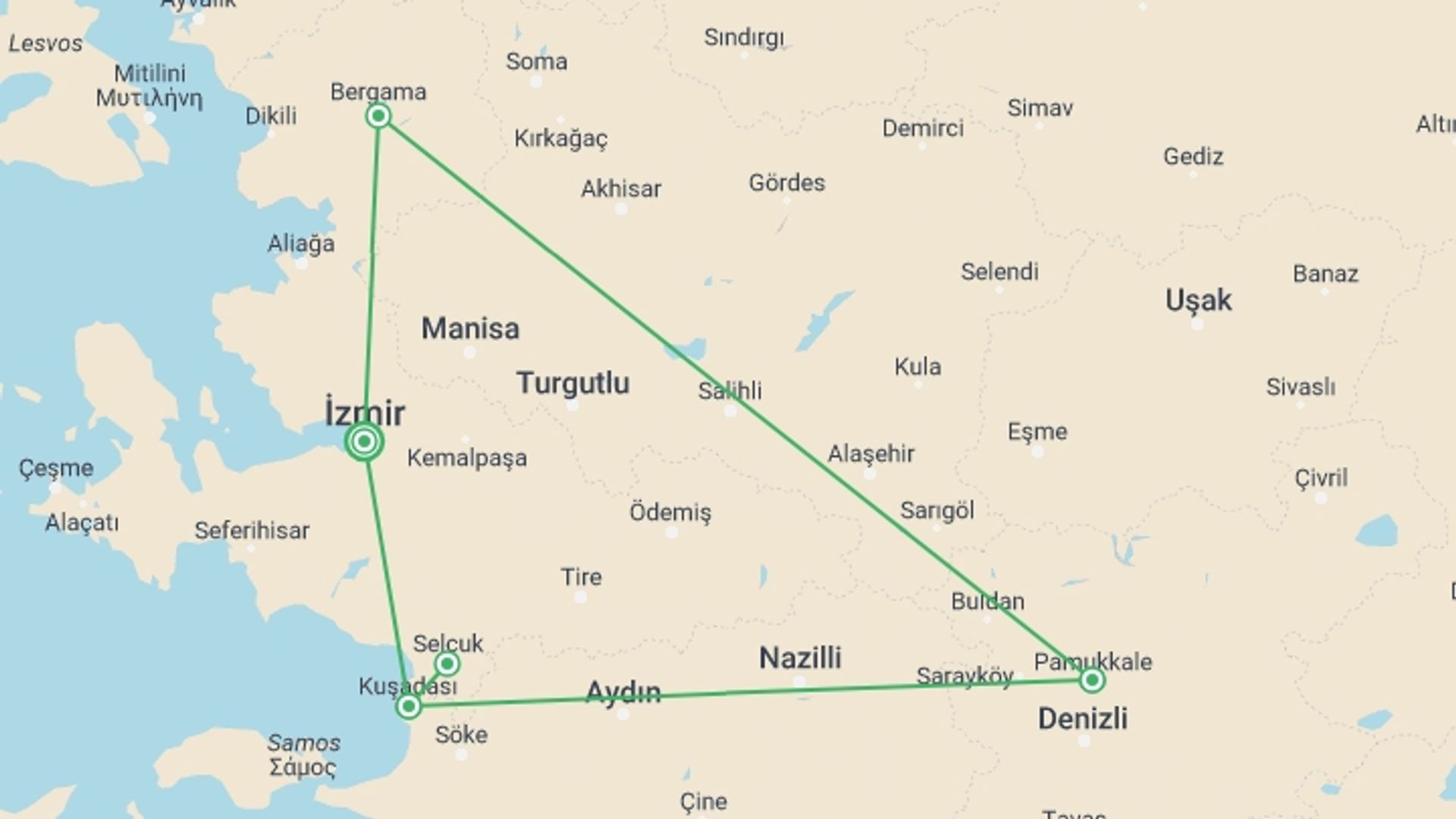 A map showing the tour itinerary for the trip: 4 Days Private Seven Churches of Revelation Tour, starting in Izmir, Turkey and ending in Izmir, Turkey going through 5 other destinations.