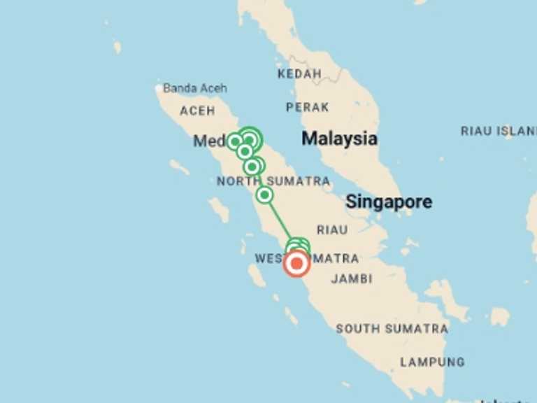 Map of Indonesia Tour with 7 destination visits for the trip: Sumatra Overland Discovery 10D/9N