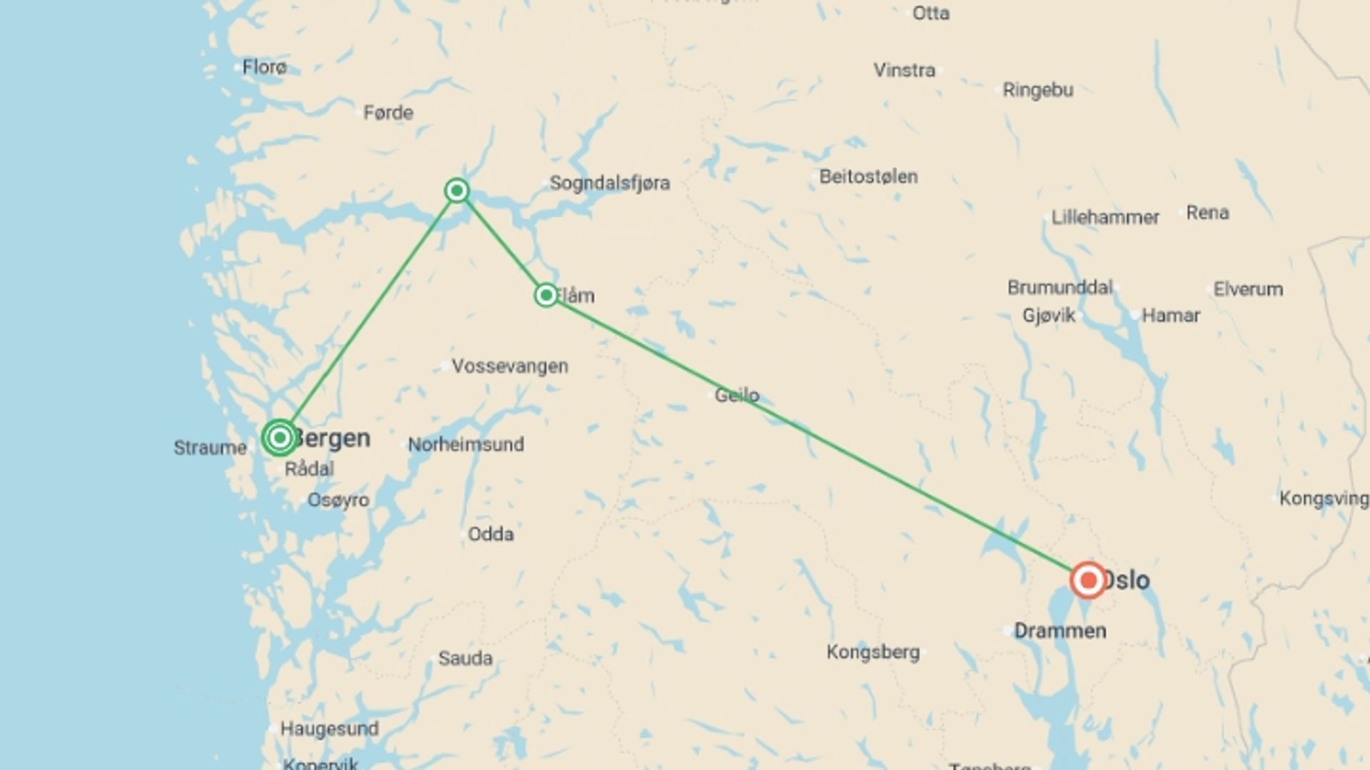 A map showing the tour itinerary for the trip: Magic of the Fjords - 7 days, starting in Bergen, Norway and ending in Oslo, Norway going through 1 other destinations.