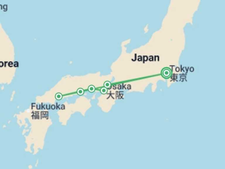 Map itinerary of Osaka Tour in December 2025 with 5 destination visits for the trip: Tokyo, Kyoto and Hiroshima end Tokyo