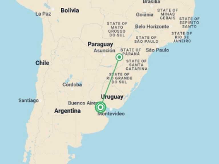 Map itinerary of Argentina Tour in December 2025 with 3 destination visits for the trip: 6-Day Argentina Tour: Buenos Aires & Iguazu Falls