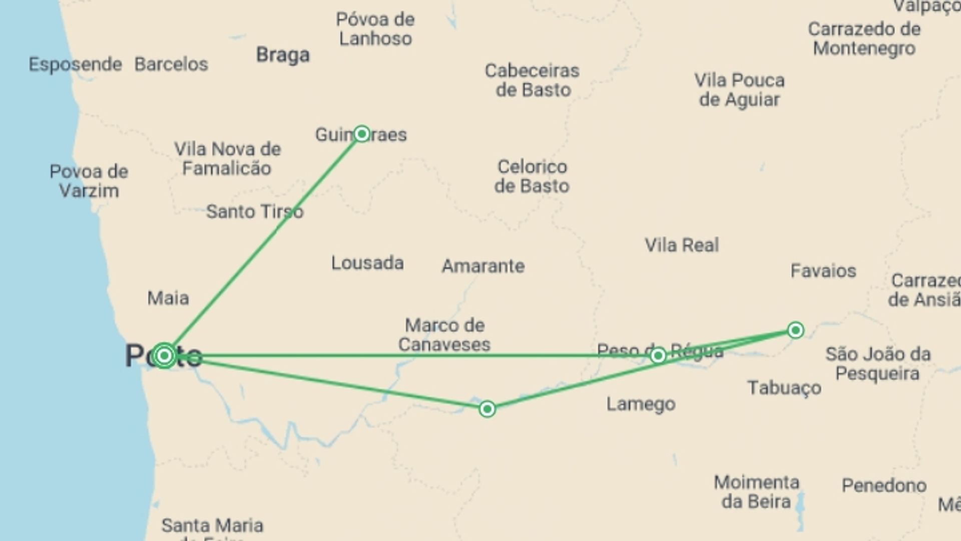 A map showing the tour itinerary for the trip: Porto and the Douro Valley (port-to-port cruise), starting in Porto, Portugal and ending in Porto, Portugal going through 3 other destinations.