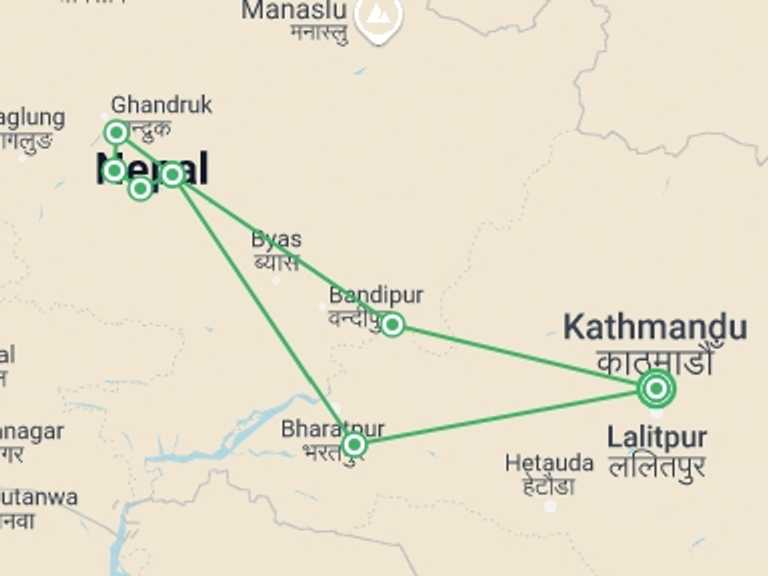 Map itinerary of Nepal Tour in Winter with 7 destination visits for the trip: Walking the Annapurna Foothills