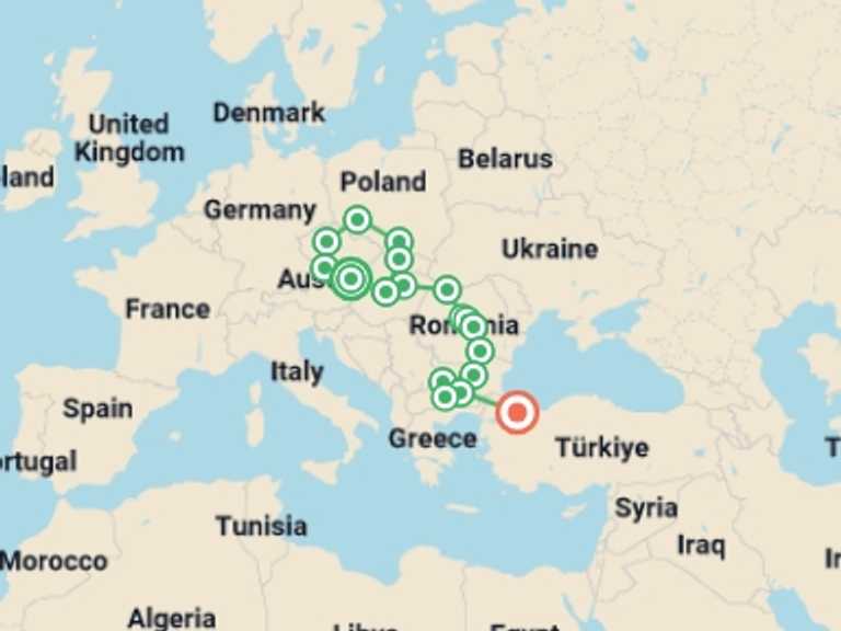 Map itinerary of Istanbul Tour in July 2026 with 18 destination visits for the trip: The Best of Eastern Europe