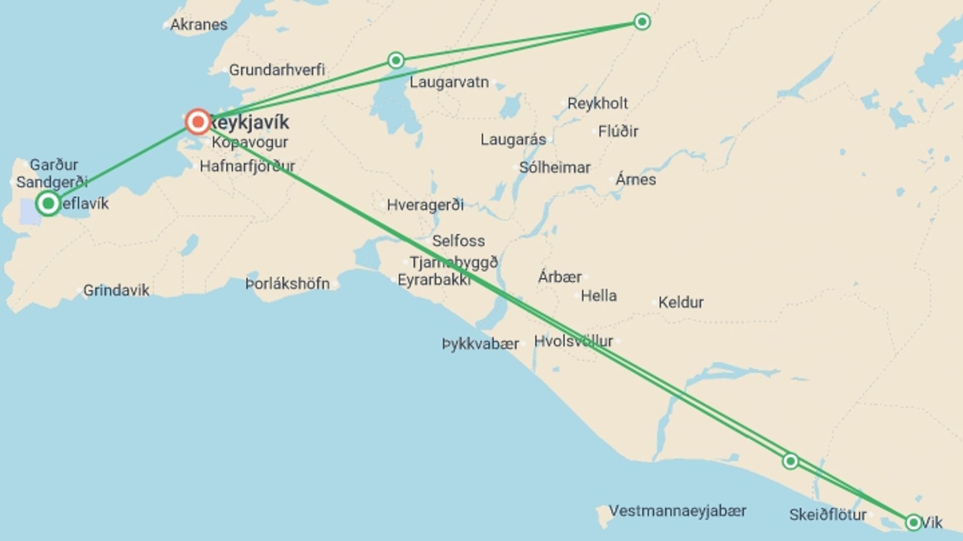 A map showing the tour itinerary for the trip: Iceland Winter Getaway - 5 days, starting in Keflavik, Iceland and ending in Reykjavik, Iceland going through 1 other destinations.