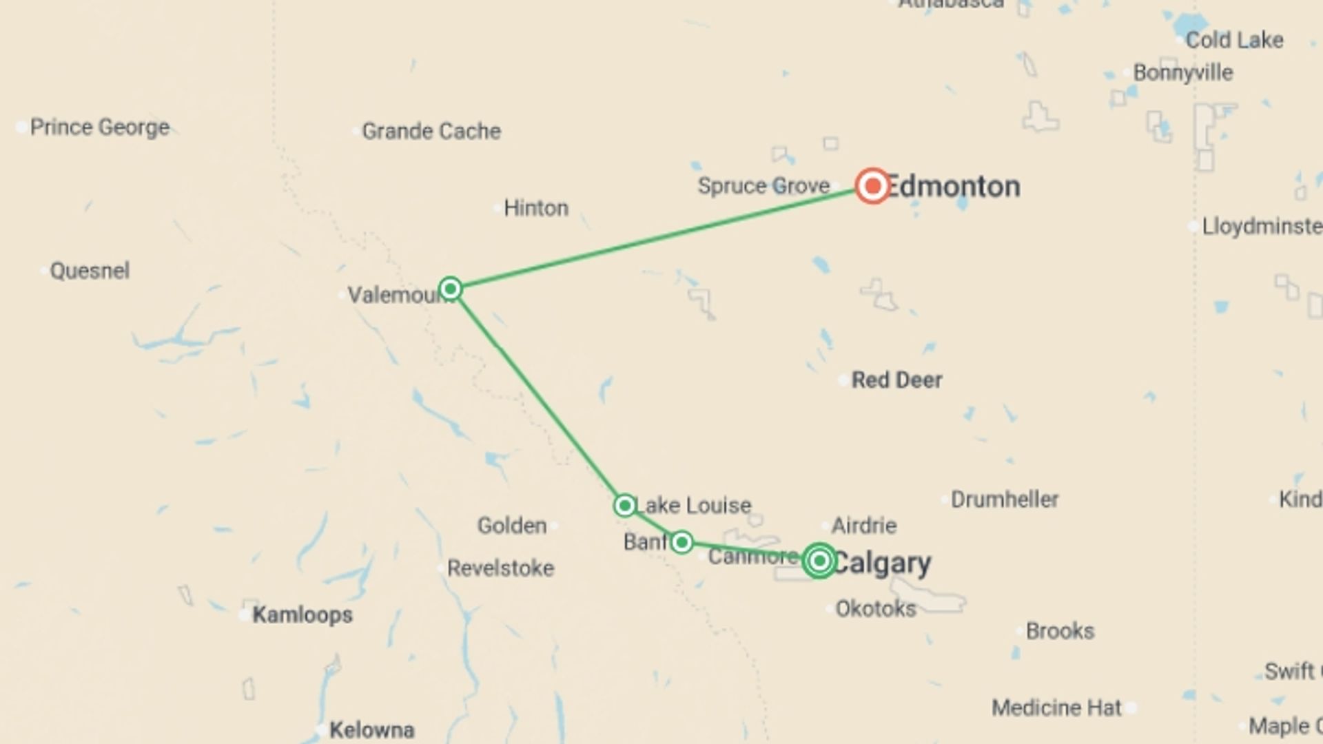 A map showing the tour itinerary for the trip: Canadian Rockies: Northern Lights Winter Explorer, starting in Calgary, Canada and ending in Edmonton, Canada going through 3 other destinations.