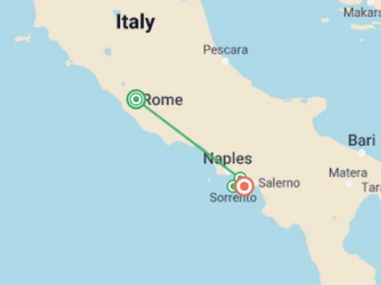 Map itinerary of Italy Tour in August 2027 with 5 destination visits for the trip: Rome to Amalfi