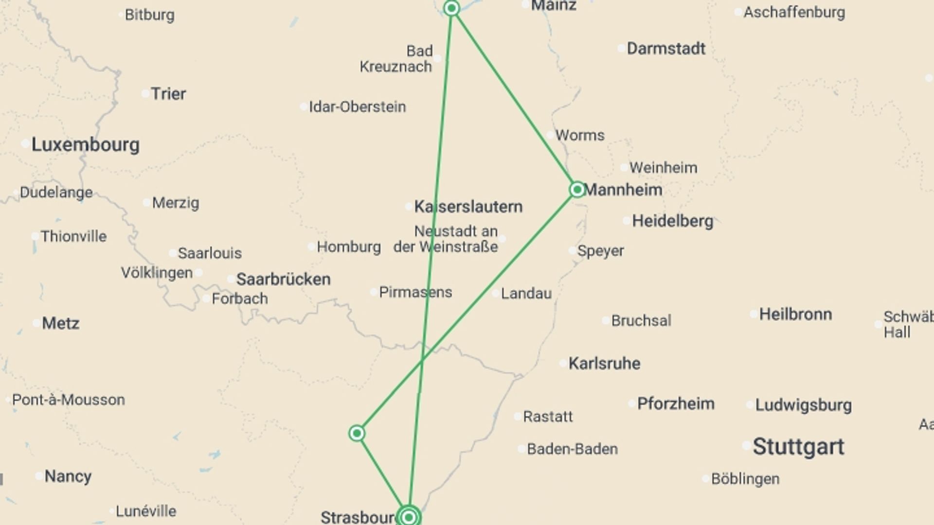 A map showing the tour itinerary for the trip: The Rhine in celebration (Port-Port), starting in Strasbourg, France and ending in Strasbourg, France going through 3 other destinations.