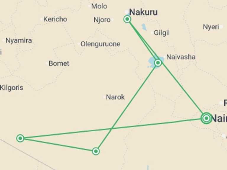 Map of Kenya Tour with 5 destination visits for the trip: Kenya Wildlife Safari