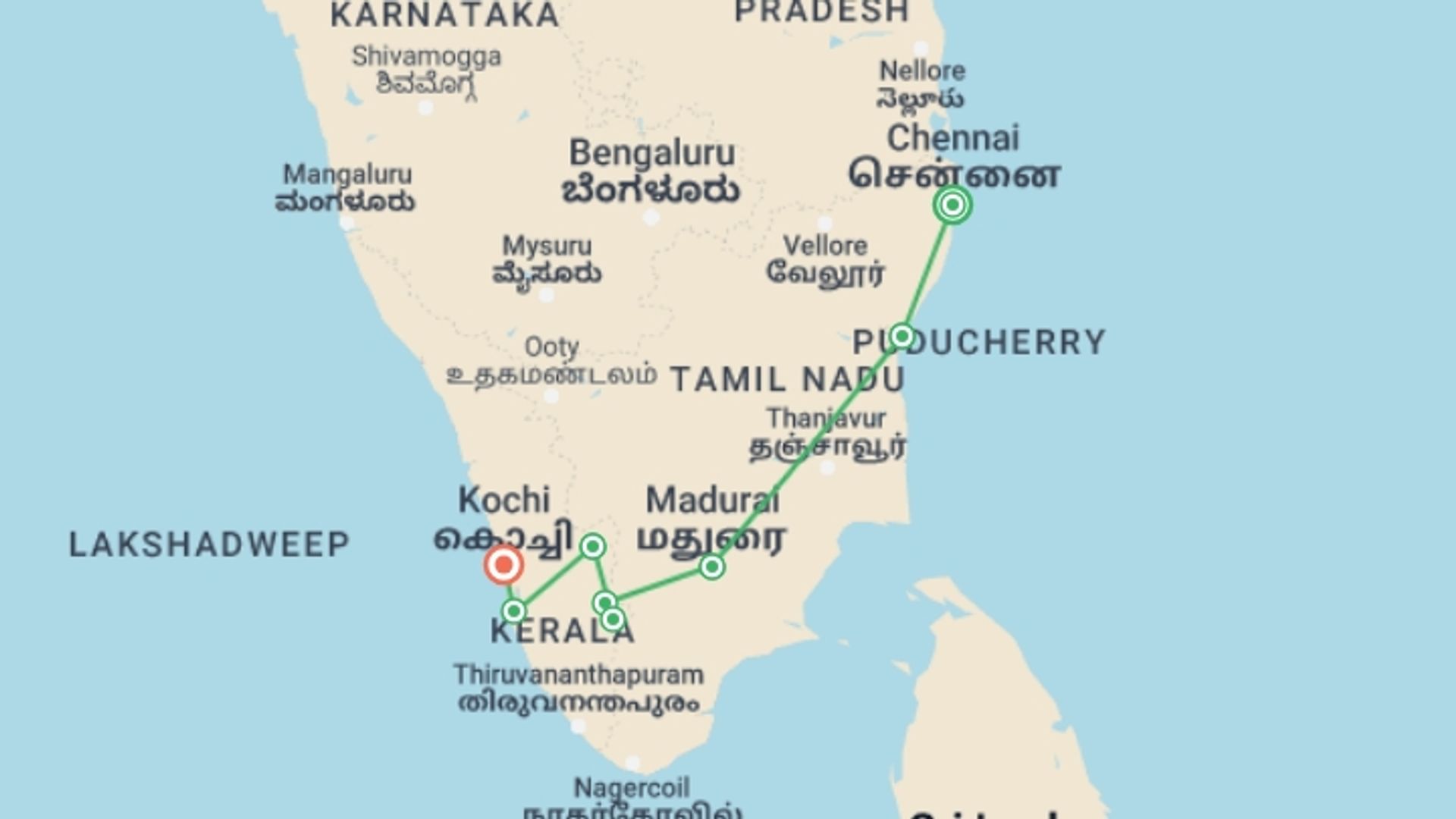 A map showing the tour itinerary for the trip: Premium South India, starting in Chennai, India and ending in Kochi, India going through 7 other destinations.