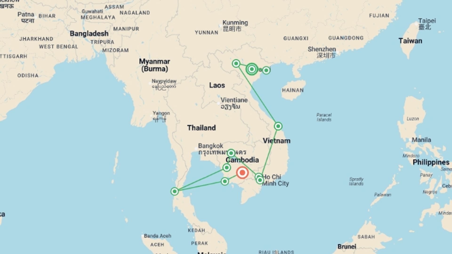 A map showing the tour itinerary for the trip: Southeast Asia: Vietnam, Cambodia & the Cardamom Mountains, starting in Hanoi, Vietnam and ending in Phnom Penh, Cambodia going through 9 other destinations.