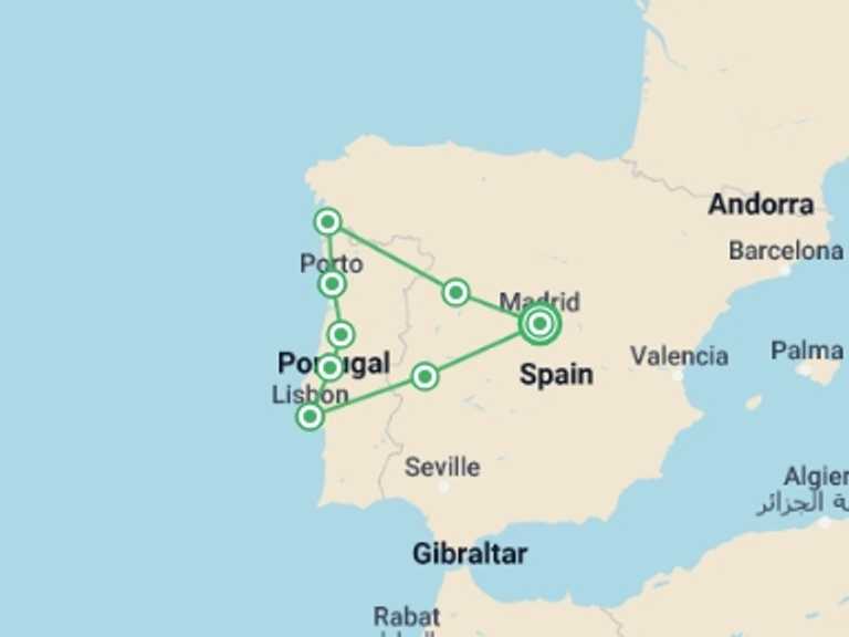 Map itinerary of Madrid Tour in Spring with 5 destination visits for the trip: 7 Day Guided Tour Castilla And Portugal From Madrid (c6060)