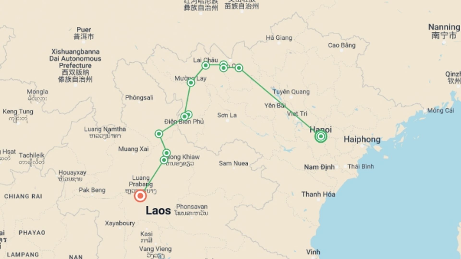A map showing the tour itinerary for the trip: Biking Hanoi to Luang Prabang, starting in Hanoi, Vietnam and ending in Luang Prabang, Laos going through 10 other destinations.