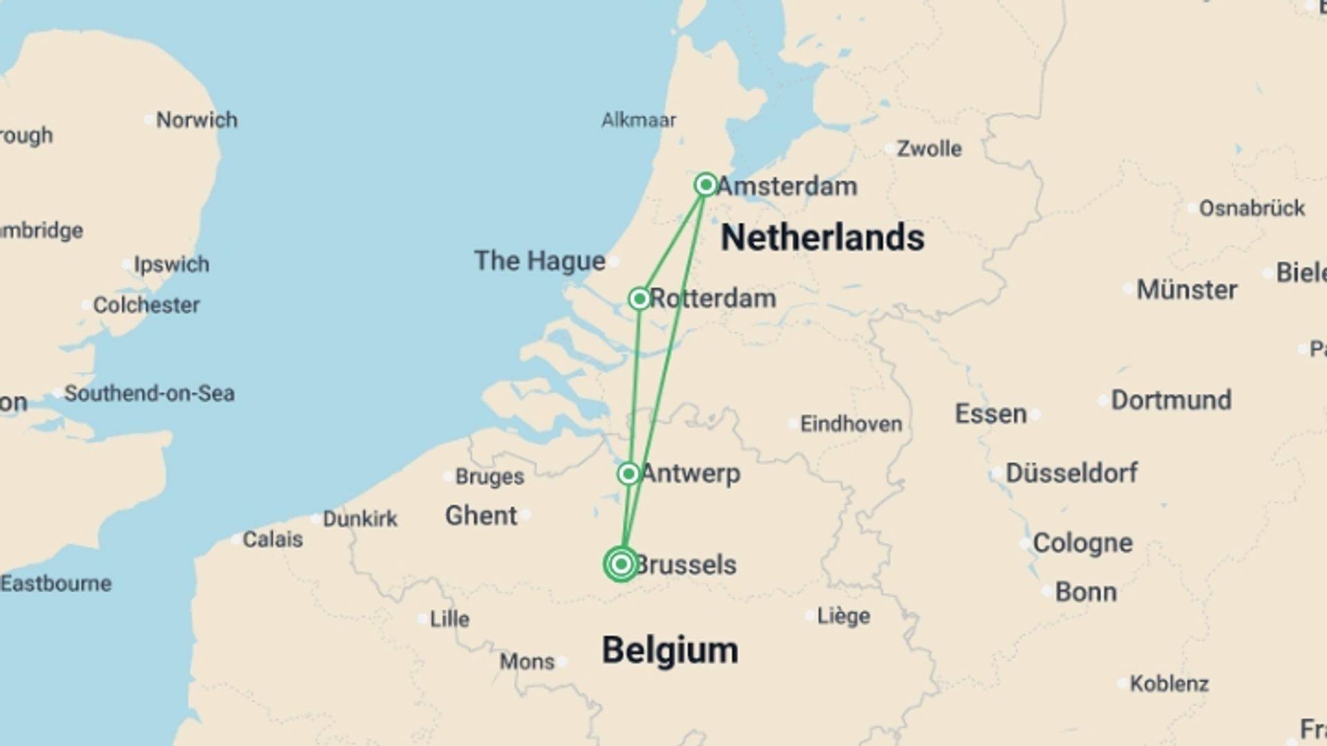 A map showing the tour itinerary for the trip: The treasures of the north through Holland and Belgium (port-to-port cruise), starting in Brussels, Belgium and ending in Brussels, Belgium going through 3 other destinations.