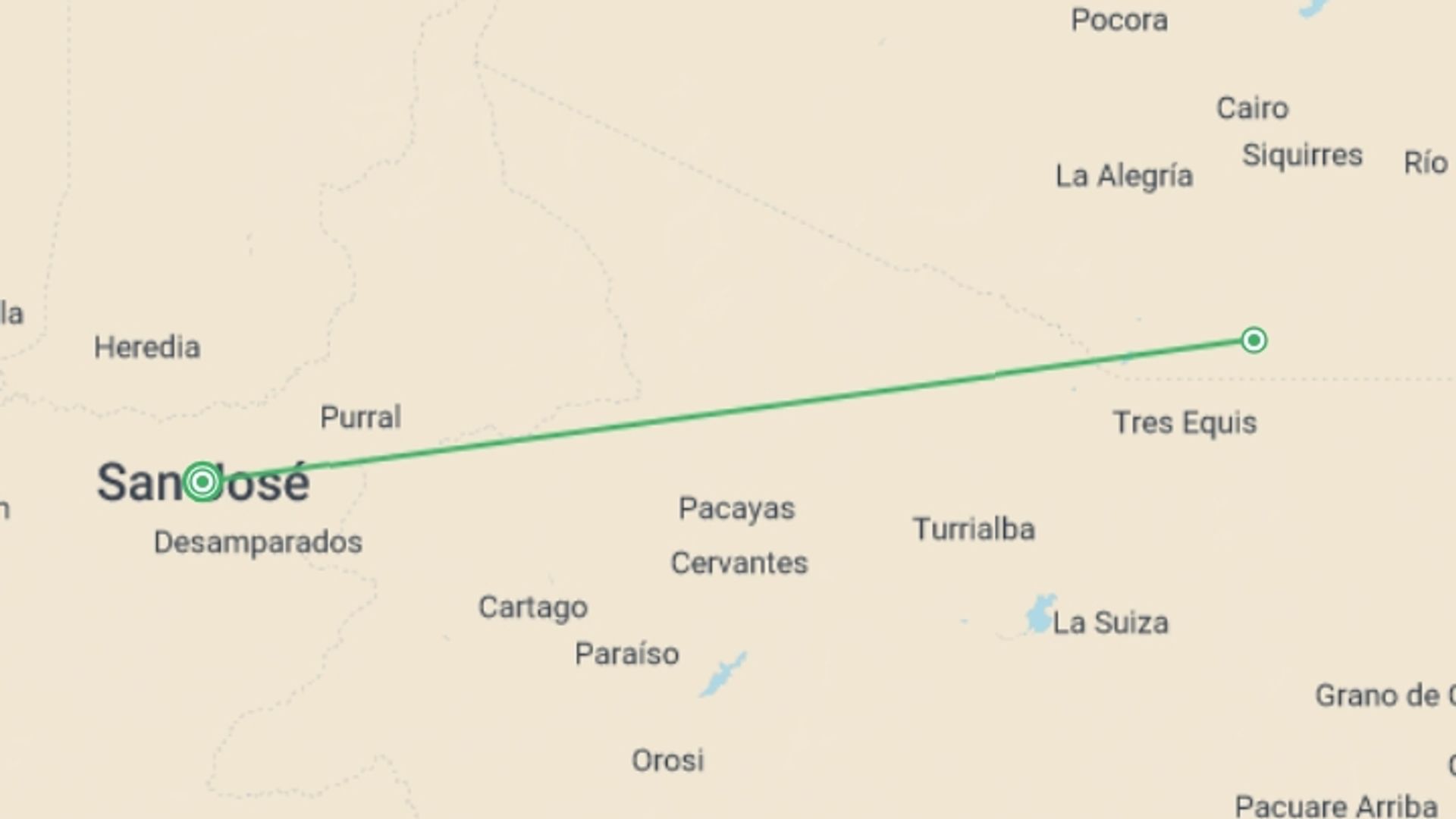 A map showing the tour itinerary for the trip: Pacuare Raging Rapids & Jungle Adventure 2D/1N, starting in San Jose, Costa Rica and ending in San Jose, Costa Rica going through 1 other destinations.