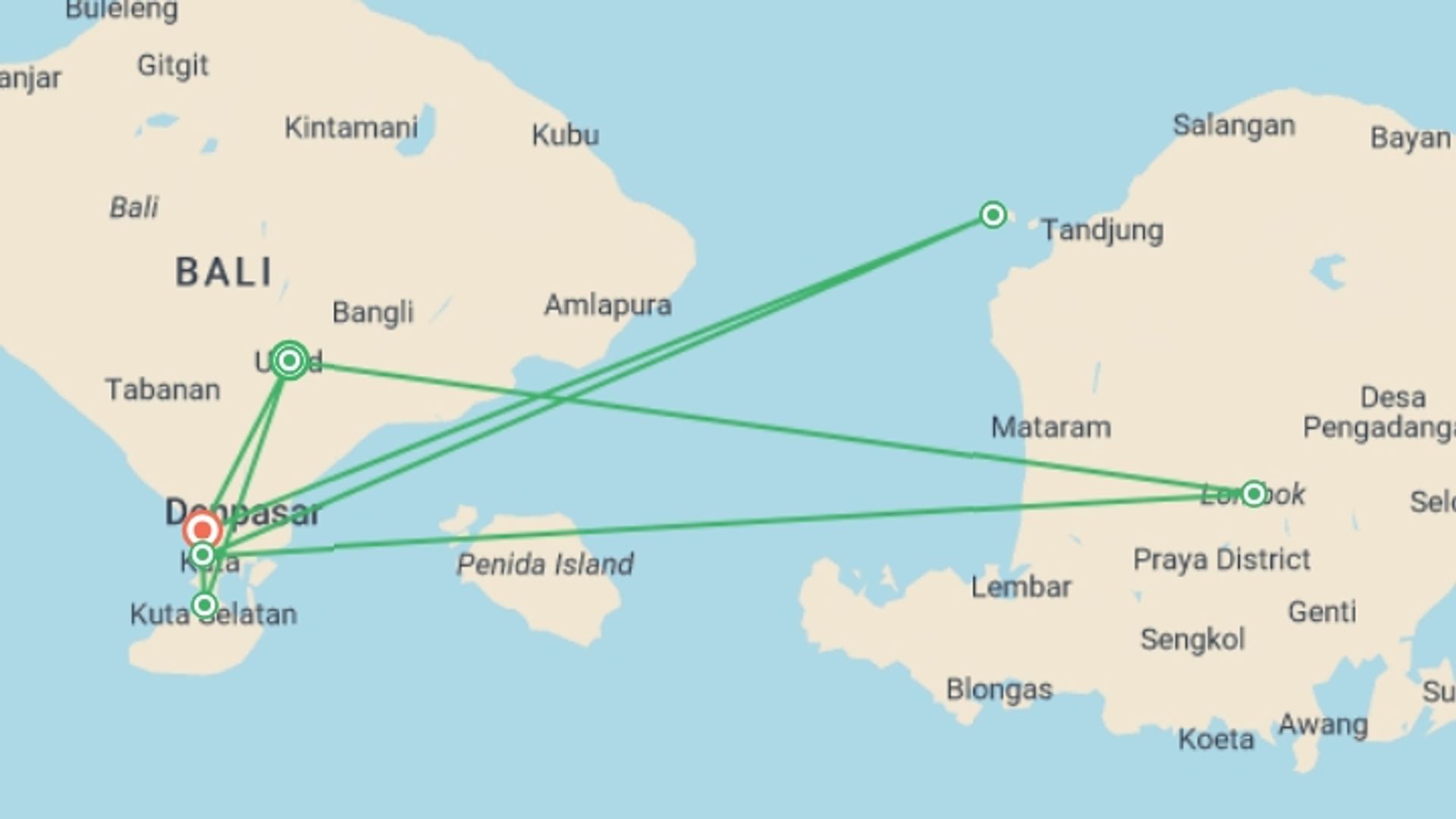 A map showing the tour itinerary for the trip: Bali & Gili Adventure 19D/18N, starting in Ubud, Indonesia and ending in Seminyak , Indonesia going through 5 other destinations.