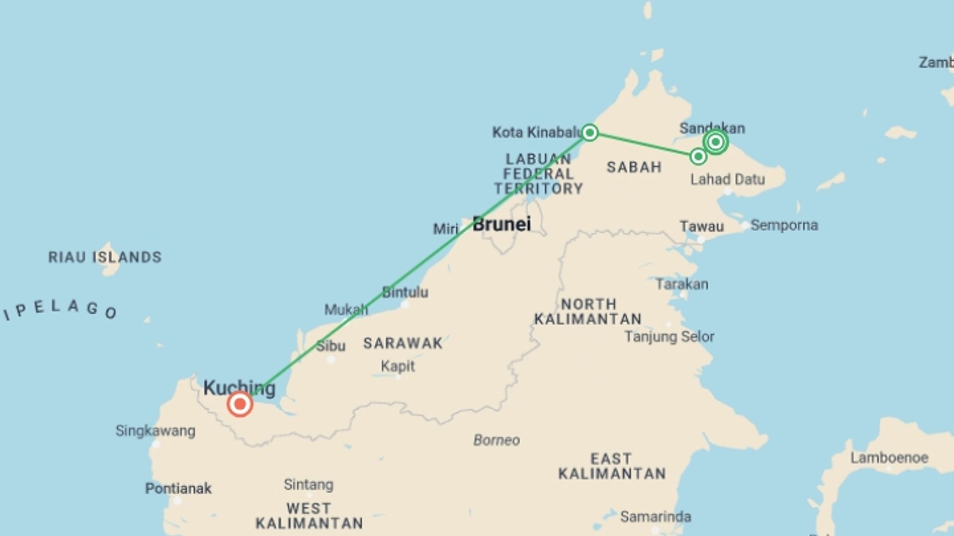A map showing the tour itinerary for the trip: Escorted Borneo Adventure - Premium Tour, starting in Sandakan, Malaysia and ending in Kuching, Malaysia going through 2 other destinations.