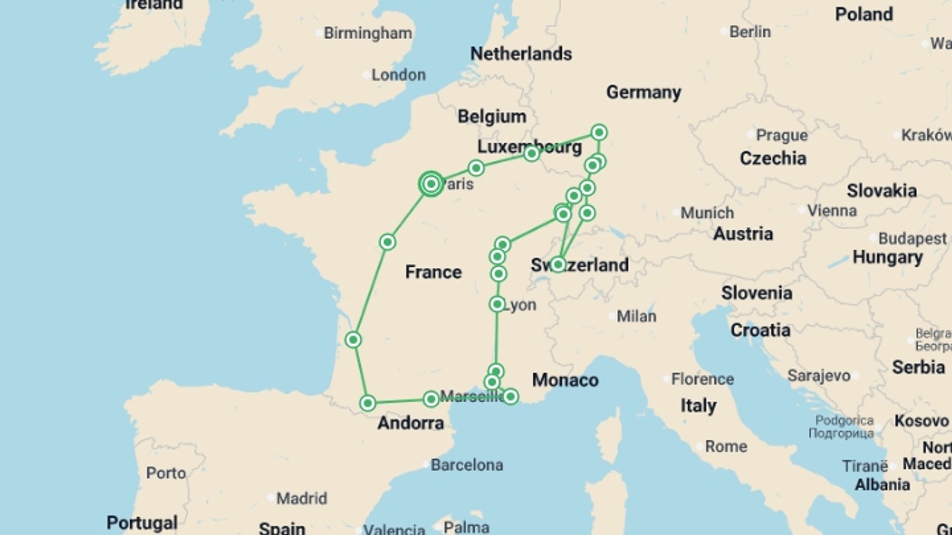 A map showing the tour itinerary for the trip: Dreaming of France and the Black Forest, starting in Paris, France and ending in Paris, France going through 8 other destinations.