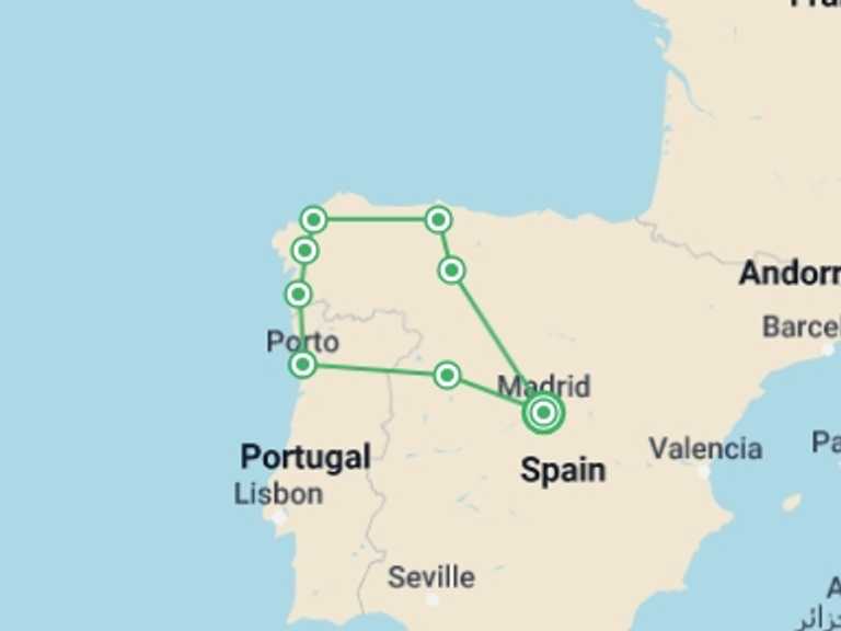 Map of 6-Day Madrid Tour with 5 destination visits for the trip: 6 Day Galicia & North Of Portugal Guided Tour From Madrid