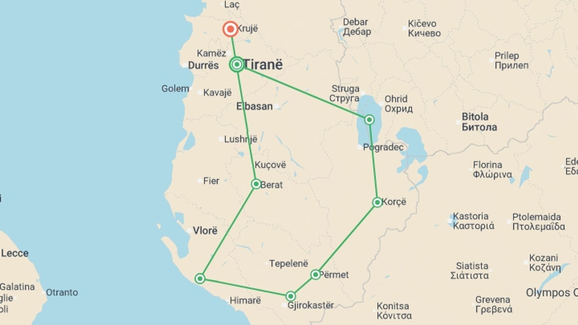 A map showing the tour itinerary for the trip: Highlights of Albania, starting in Tirana, Albania and ending in Kruje, Albania going through 6 other destinations.