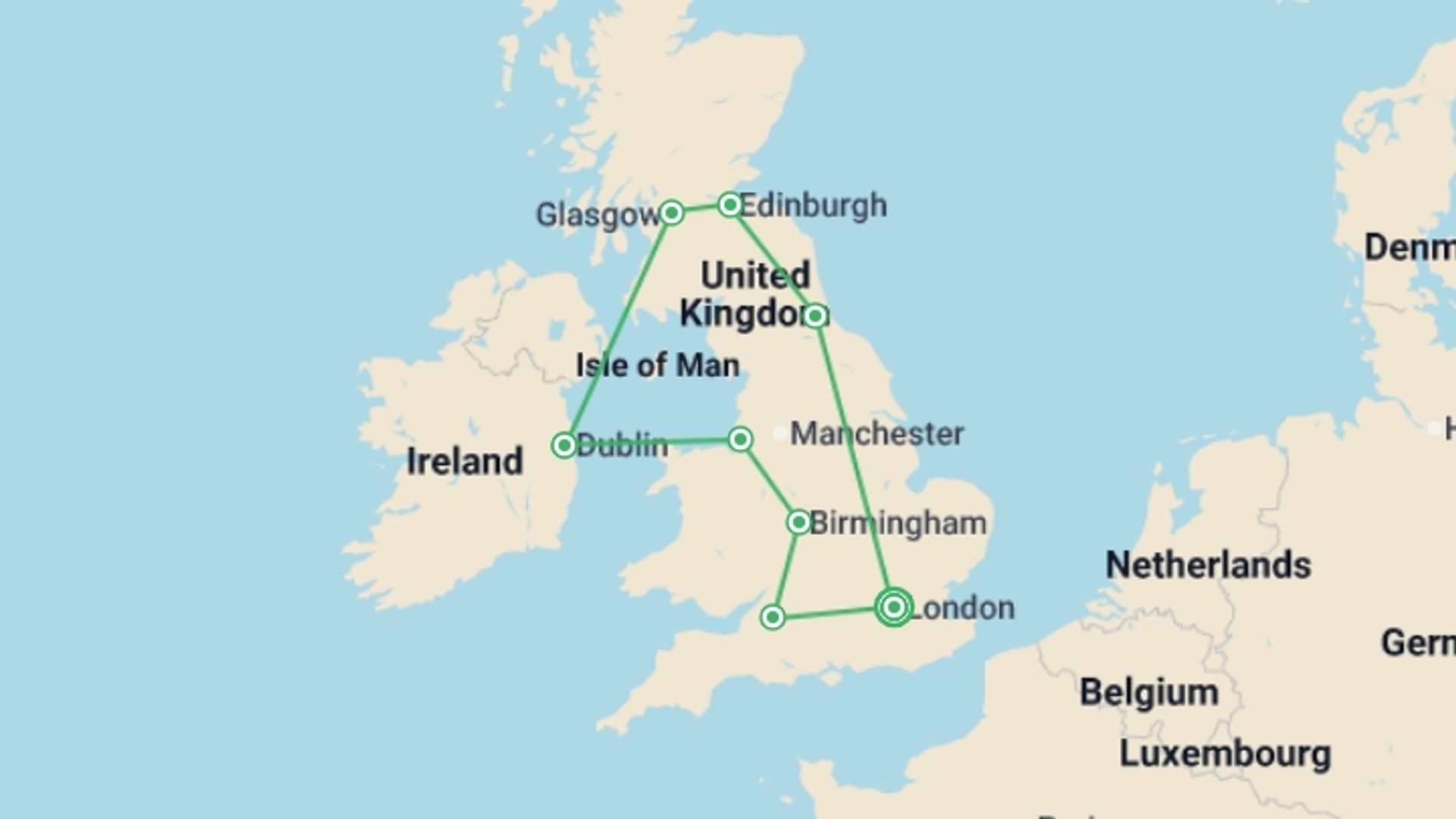 A map showing the tour itinerary for the trip: Scotland, Ireland, and Southern England with London, starting in London, England and ending in London, England going through 7 other destinations.