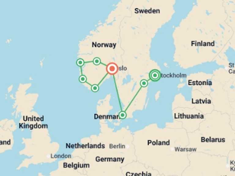Map itinerary of Northern Europe Tour in July 2026 with 8 destination visits for the trip: Best of Scandinavia
