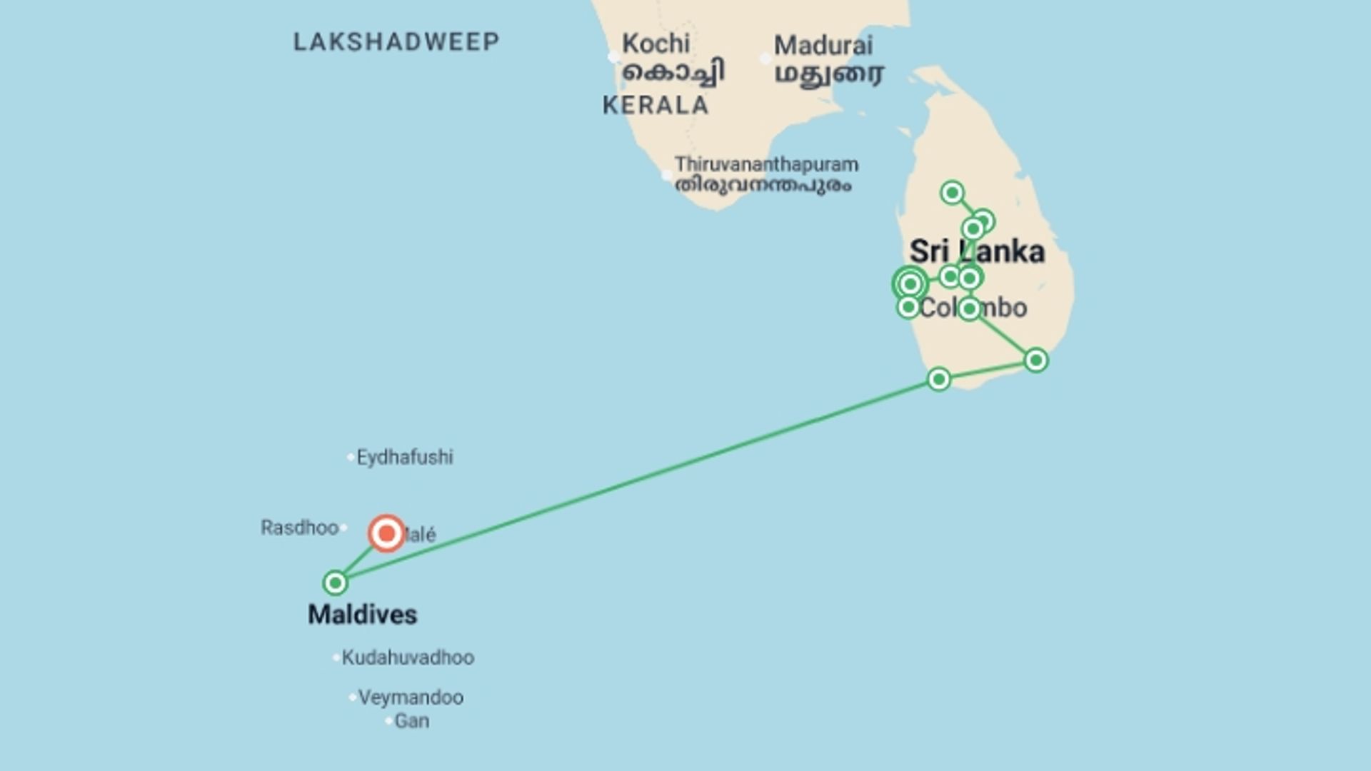 A map showing the tour itinerary for the trip: Ultimate Maldives & Sri Lanka Luxury Tour, starting in Negombo, Sri Lanka and ending in Male, Maldives going through 6 other destinations.