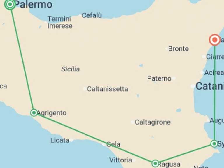 Map itinerary of Mediterranean Tour in October 2026 with 5 destination visits for the trip: Sizzling Sicily - 7 days 