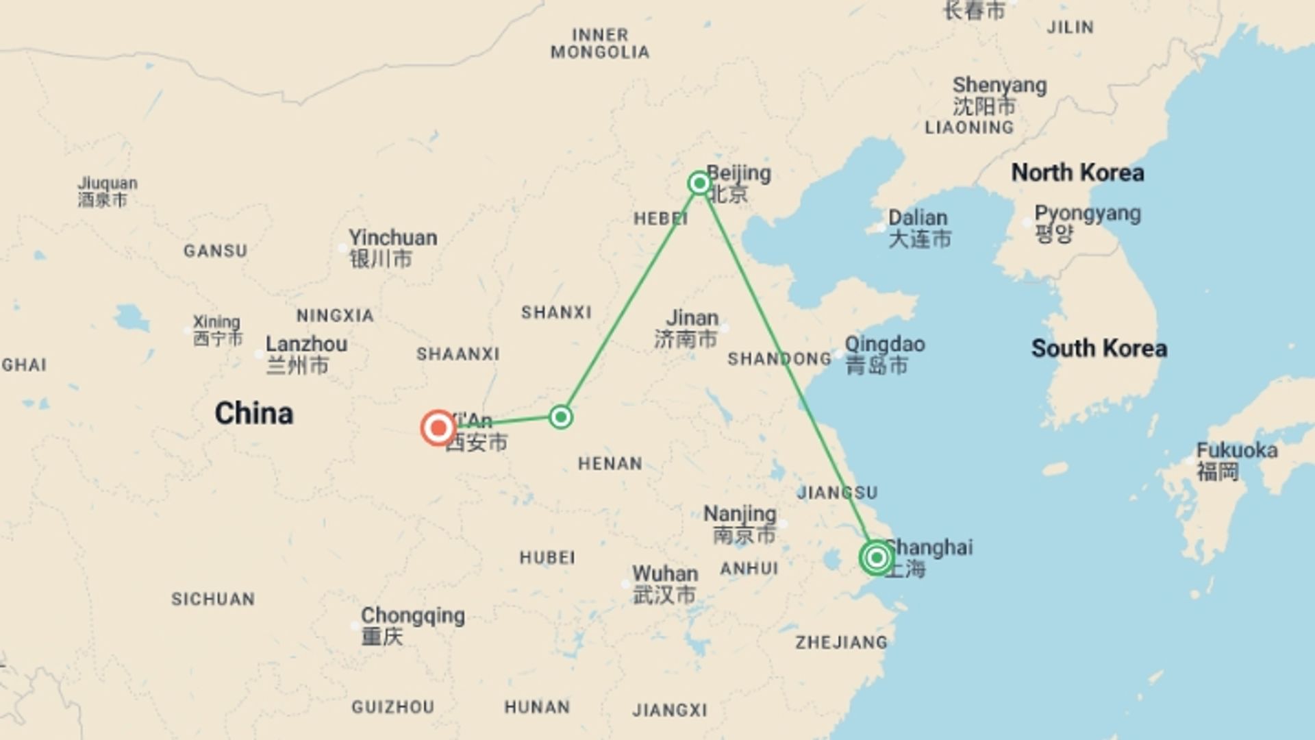 A map showing the tour itinerary for the trip: Shanghai, Beijing & Beyond - 9 days, starting in Shanghai, China and ending in Xian, China going through 2 other destinations.
