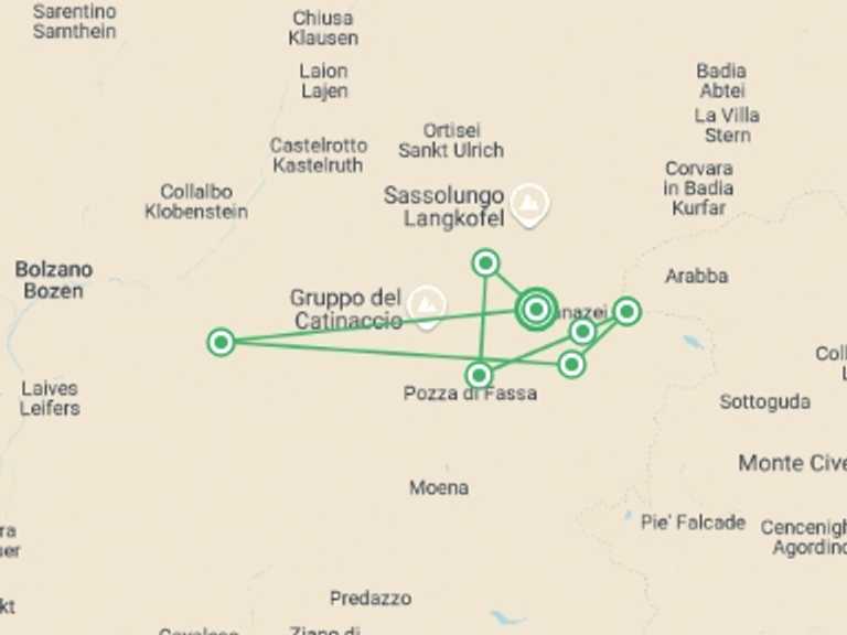 Map itinerary of Italy Tour in June 2026 with 7 destination visits for the trip: Highlights of the Dolomites