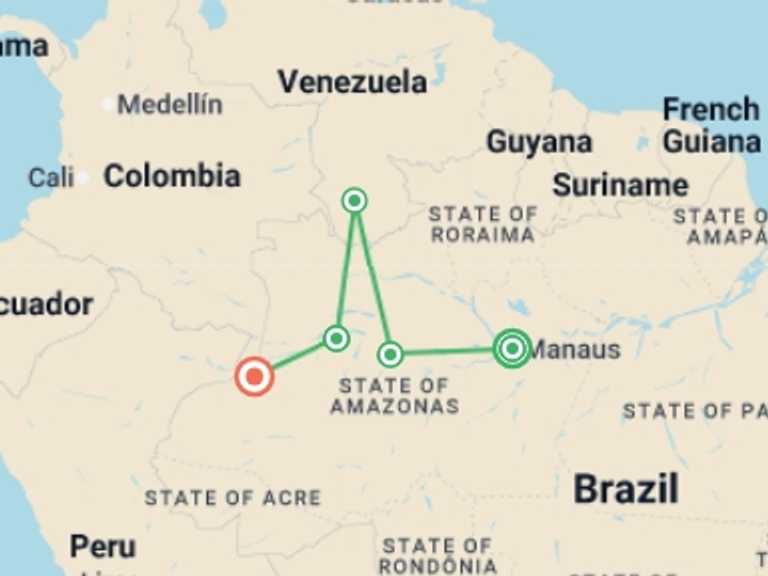 Map itinerary of Manaus Tour in Spring with 6 destination visits for the trip: Cruise in the Heart of the Original Amazon - An exploration deep into the jungle, between Brazil and Colombia (port-to-port cruise)